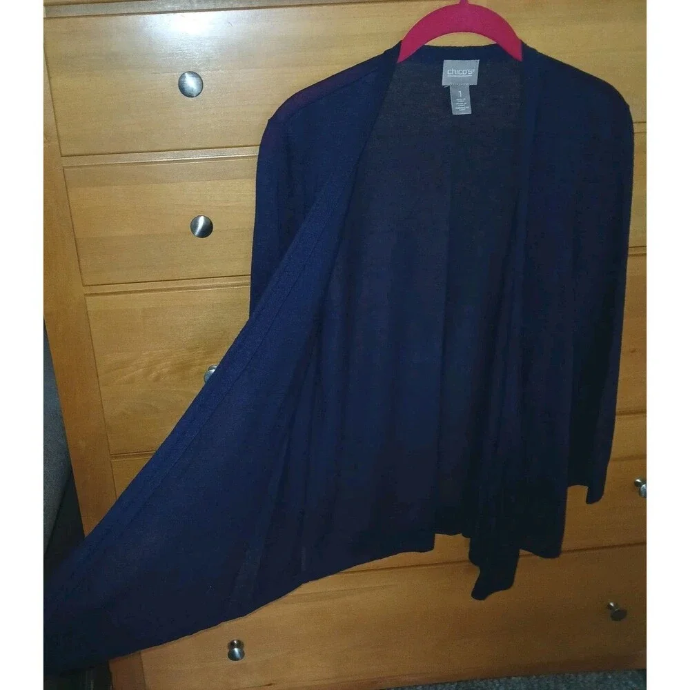 Chicos Womens 1 M Lightweight Minimalist navy blue Open Ft Cardigan 3/4 Sleeve